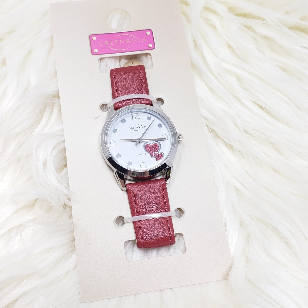 Greenwich Red Band With Silver Watch And Hearts